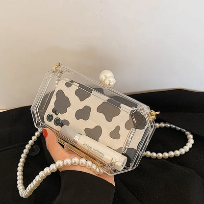 eybag Fashion Clear Acrylic Box Clutch Purse Women Transparent Handbag Plastic Barrel Shaped Bag Girl Party Bag with Pearl Chain