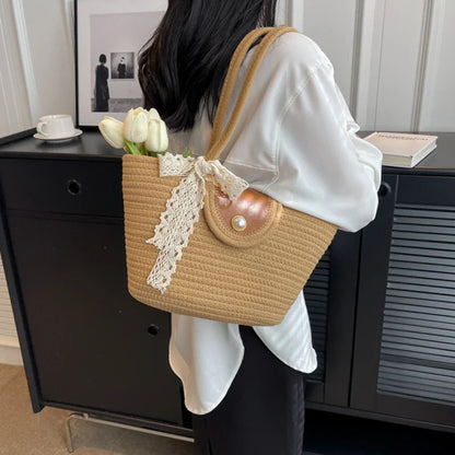 eybag Women's Woven Shoulder Bag New Large Capacity Tote Bag Casual Knit Beach Vacation Handbags Eco Reusable Shopper Pearl Decoration