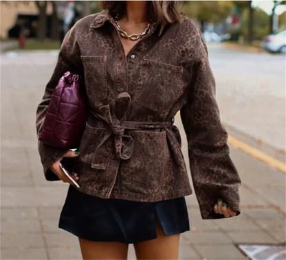 eybag Women Fashion Leopard Print Jacket 2024 Autumn Winter New In Coats With Belt Long Sleeve Lapel Jackets Lady High Street Outwears