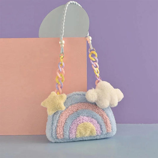 eybag Rainbow Plush Purses and Handbags for Women 2022 Shopper Acrylic Chain Cloud Pendant Cute Girls Pearl Wallet Shoulder Bag