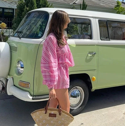 eybag Summer Casual Striped Shirt Shorts Suit Ladies Loose Bow Lace Cut-out Long Balloon Sleeve Suit Women's Summer Beach Ladies Suit