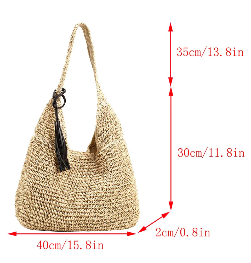 Lkblock Large Capacity 2024 Summer Straw Woven Tote Bag with Fringe Embellished Woven Women's Shoulder Bucket Bag