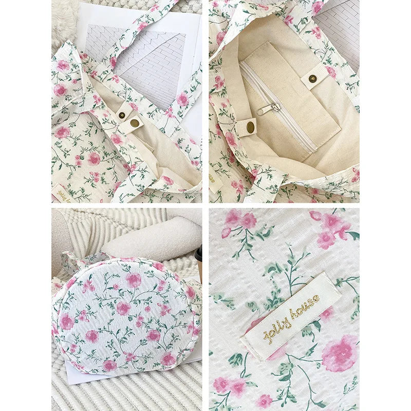 eybag 1 Pc Aesthetic Pink Floral Shoulder Bag for Women Retro Korean Fashion Tote Bag for Student Portable High Capacity Storage Bag