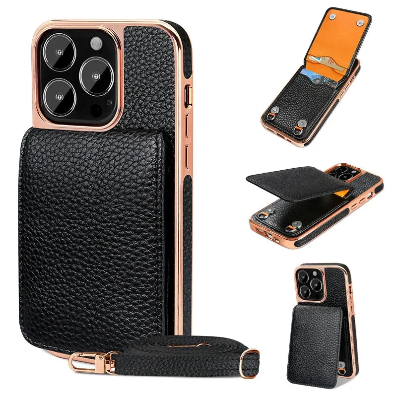 eybag Crossbody Card Slot Holder Phone Case For iphone 15 14 Plus 13 Pro Max Necklace Strap Lanyard Cord Leather Electroplated Cover