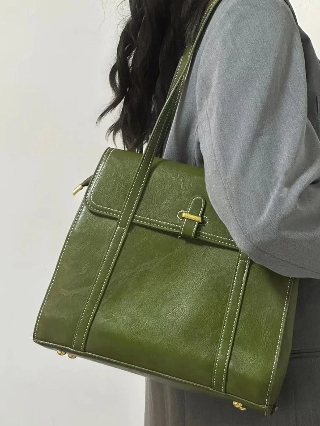 Lkblock Green Vintage Handbags Women High Street Pu Leather Large Capacity Casual Shoulder Tote Bag Female Y2k Handbag Aesthetic