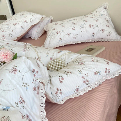 -Vintage Countryside Floral Lace Ruffles Duvet Cover Set, Pillowcases with Bed Sheet, Fitted Sheet, Girls Bedding Set