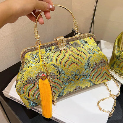 eybag 2024 Vintage Women Floral Clutch Designer Lock Shell Clip Handmade Chain Shoulder Bags Crossbody Bags Tassel Glitter Handbags