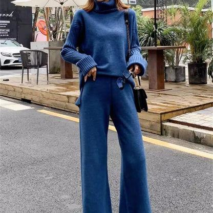 eybag Knitted Loose Turtleneck Sweater Suit Autumn Winter Outfits For Women Solid Long Sleeve Top Wide Leg Pant Sets Fashion Outwear