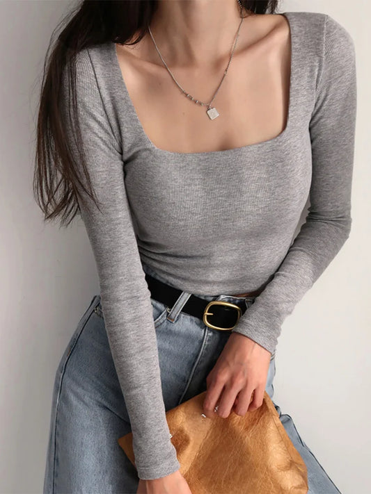 eybag Women Cotton Ribbed Square Neck Crop Top With Long Sleeve