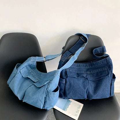 eybag Denim Crossbody Bags for Women Japanese Style Unisex Casual Pocket Books School Bag for Students Shoulder Bags Large Jeans Bag