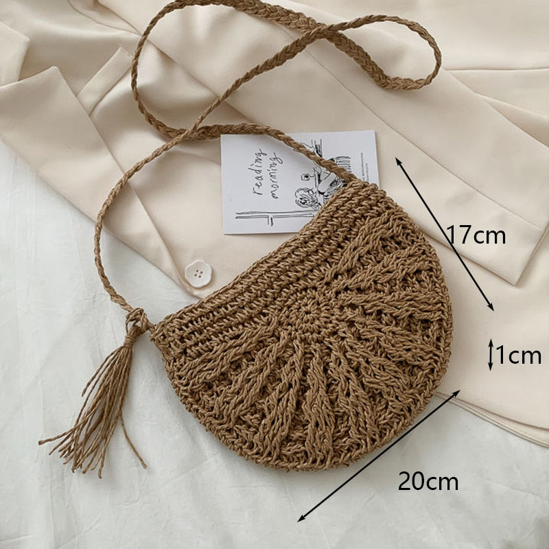 eybag Casual Half Moon Women Straw Rattan Shoulder Bags Wicker Woven Lady Hollow Crossbody Bag Summer Beach Travel Small Handbag Purse