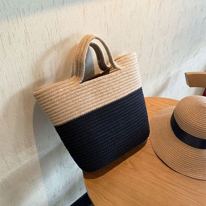 eybag Summer Woven Straw Handbag Women Contrast Color Cotton Rope Beach Bag Travel Large Capacity Tote Shopping Handle Bags