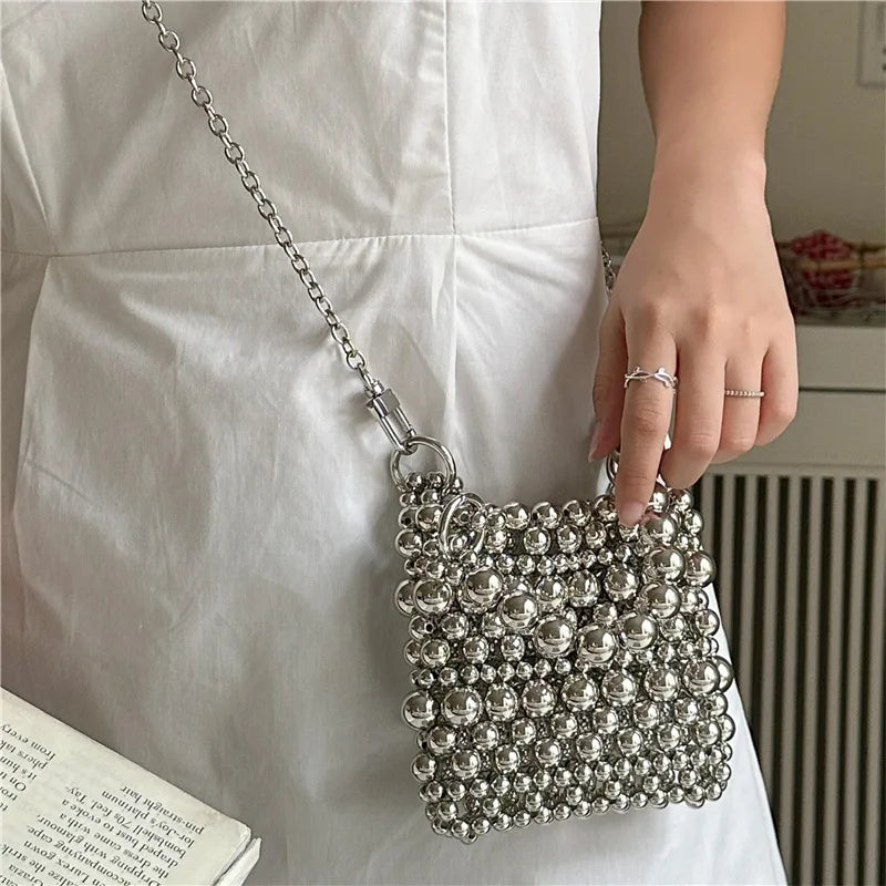 eybag Hollow Out Mini Purses for Ladies Original Handwoven Round Acrylic Beaded Long Metal Chain Purses Summer Evening Party Wallets