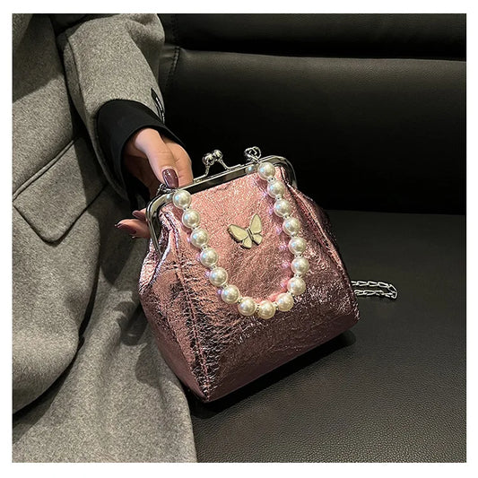 Lkblock Fairycore Y2k Hand Bag Women Vintage Butterfly Pearl Handle Messenger Bags Purse Female Harajuku Pink Shell Bag Wallet