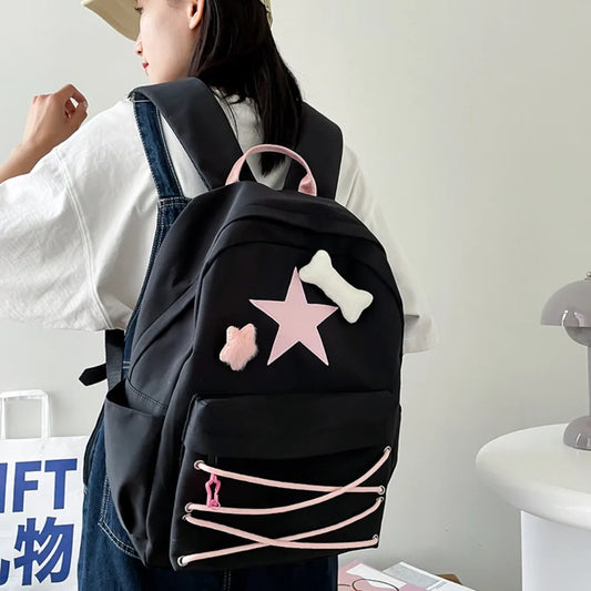 Korea High-capacity All Match Preppy Student Schoolbag Y2k Casual Fashion Star Aesthetic Bandage Sweet Female Backpacks Mochilas