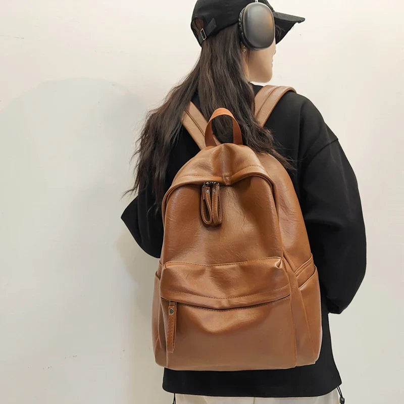 eybag Large Capacity PU Leather Backpacks For Women Solid Black School Bags For Girl Unisex Simple Korea Satchels Fashion Travel Bags