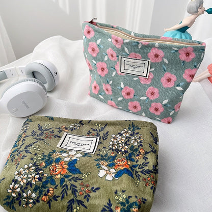 Lkblock Corduroy Make Up Organizer Clutch Bag Retro Flower Print Cosmetic Bag Wash Bag Women Travel Cosmetic Pouch Beauty Storage Cases