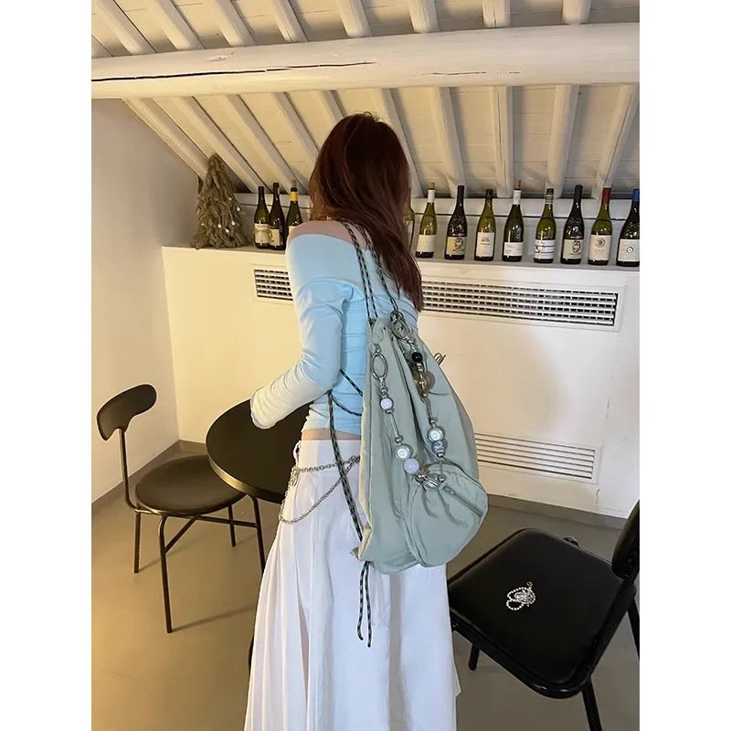 eybag Fashion Nylon Beading Chain Drawstring Women Backpack Trendy Korean Shoulder Bag Light Y2k Summer Travel Backpacks for Women