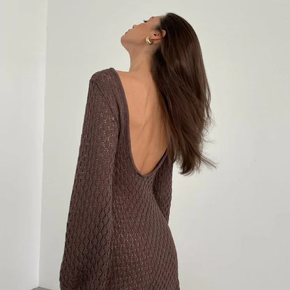 eybag Beige Knitted Hollow Out Mini Dress Women Long Sleeve Backless Slim Summer Beach Dress Female Fashion Sexy Cover-Ups 2024