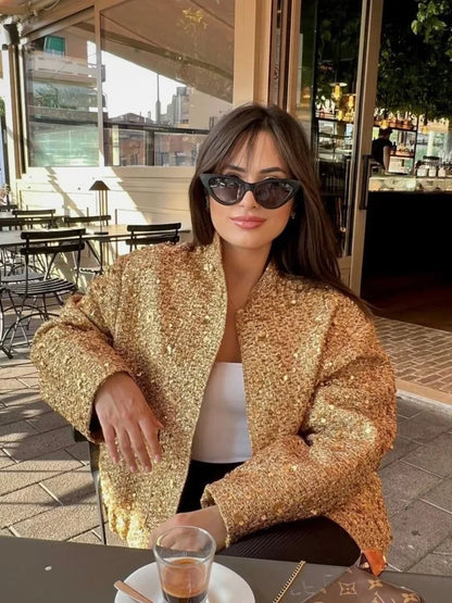 eybag 2024 Autumn Sequins Sparkling Golden Stand Collar Jacket Women Winter Long Sleeve Loose Female Coats Streetwear Lady Coat