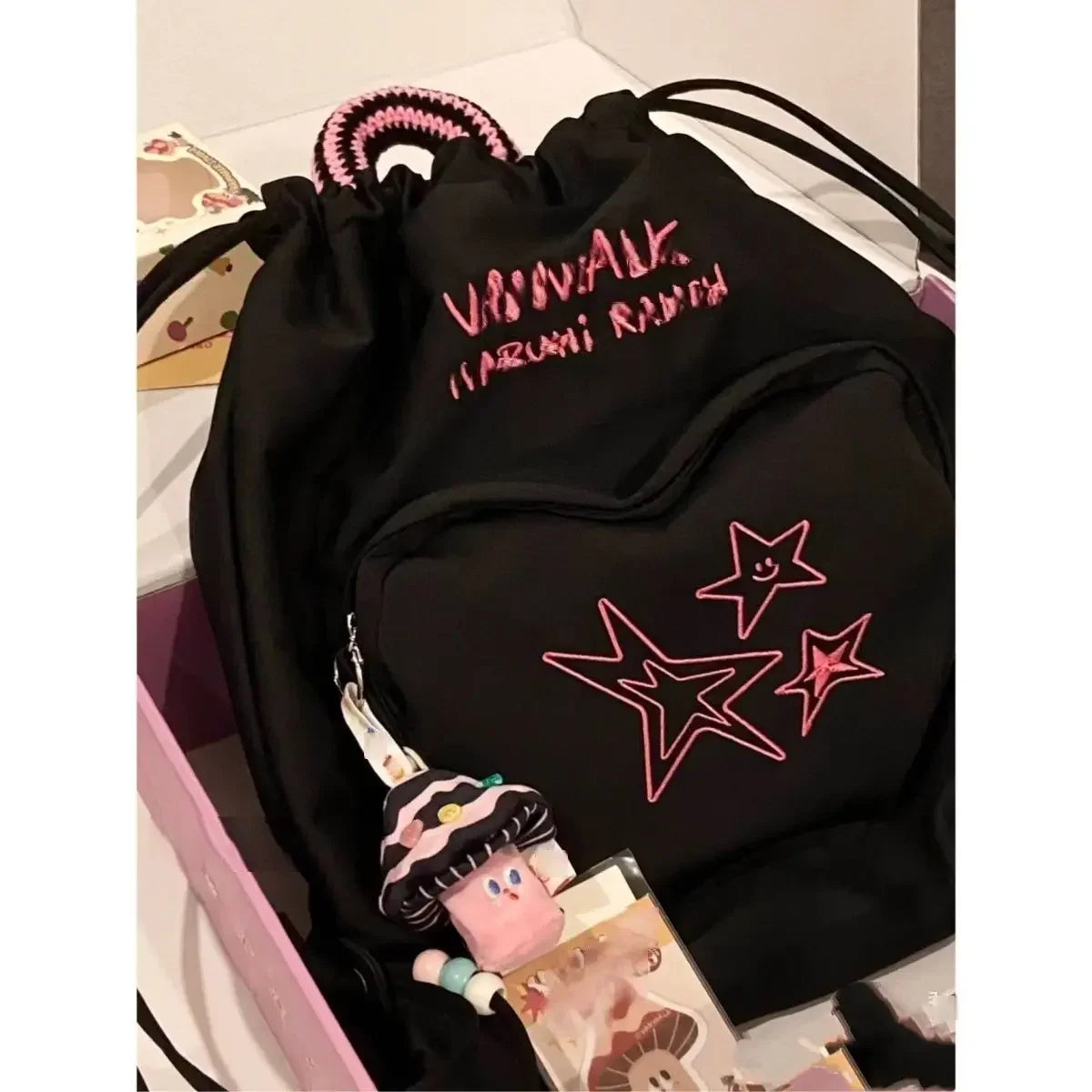 eybag Korean 2024 New Canvas Drawstring Star Women's Backpack Color Blocking Letters Fashion Versatile College Student Schoolbag Ins