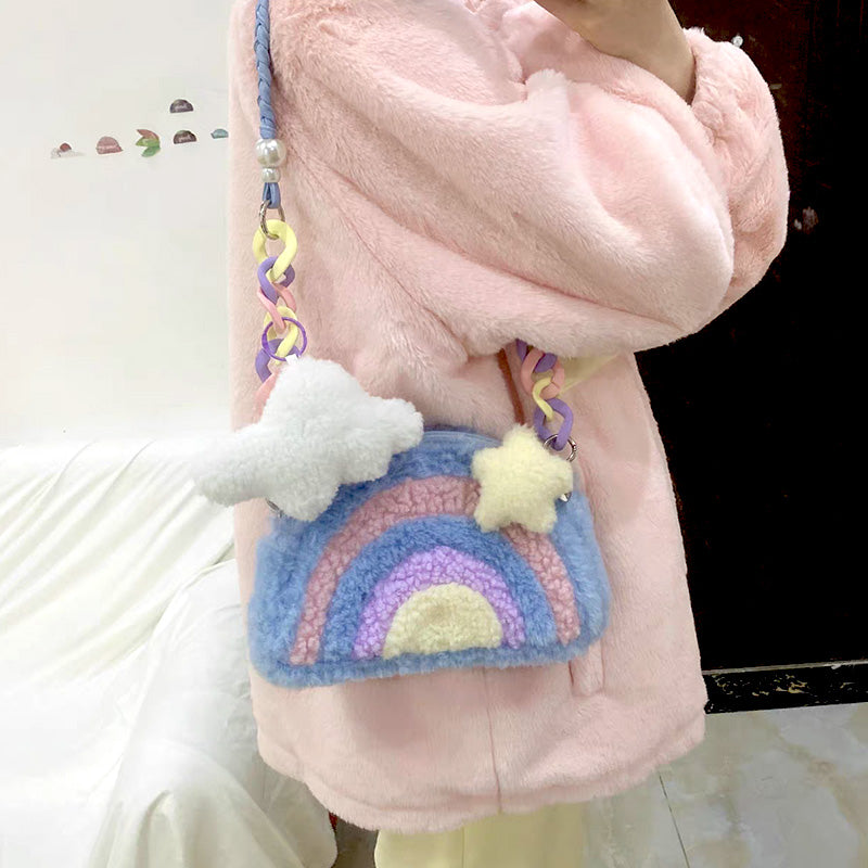 eybag Rainbow Plush Purses and Handbags for Women 2022 Shopper Acrylic Chain Cloud Pendant Cute Girls Pearl Wallet Shoulder Bag