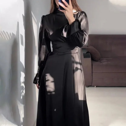 eybag Elegant Ruffled Long Sleeve Long Dress Women's Fashion Bandage Evening Dress Retro Slim Lace Up Solid Color Long Dress