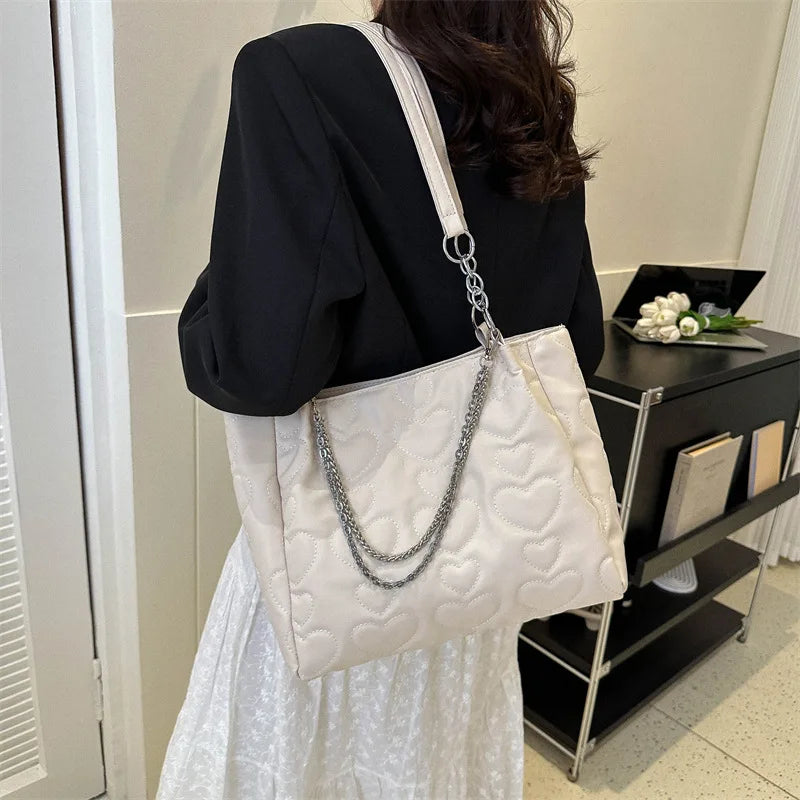 eybag Peach Heart Chain Canvas Bag Women New Fashion Sweet and Cute Tote Bag Student Class Large Capacity Bag