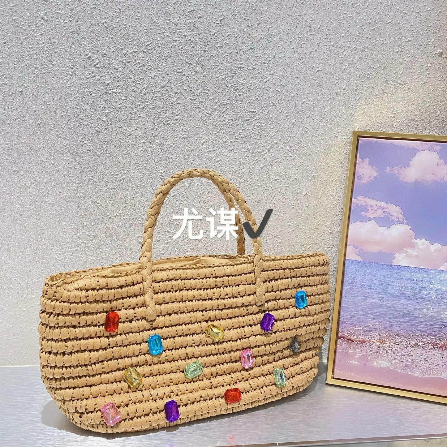 Lkblock Luxury diamond Straw Woven Tote Bags Summer Casual Large Capacity Handbags Fashion Beach Women Shoulder Simple Style Shopping