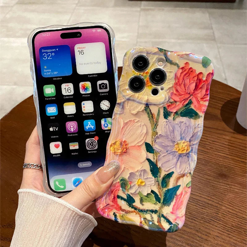 eybag Luxury Laser Pink Glitter 3D Painting Flowers Phone Case For Iphone 11 12 13 14 15 Pro MAX Shockproof Bumper TPU Soft Back Cover