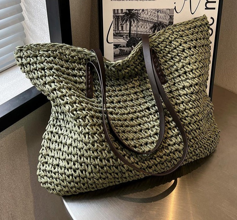 Lkblock Luxury Design Straw Woven Tote Bags Summer Casual Large Capacity Handbags New Fashion Beach Women Shoulder Simple Style Shopping