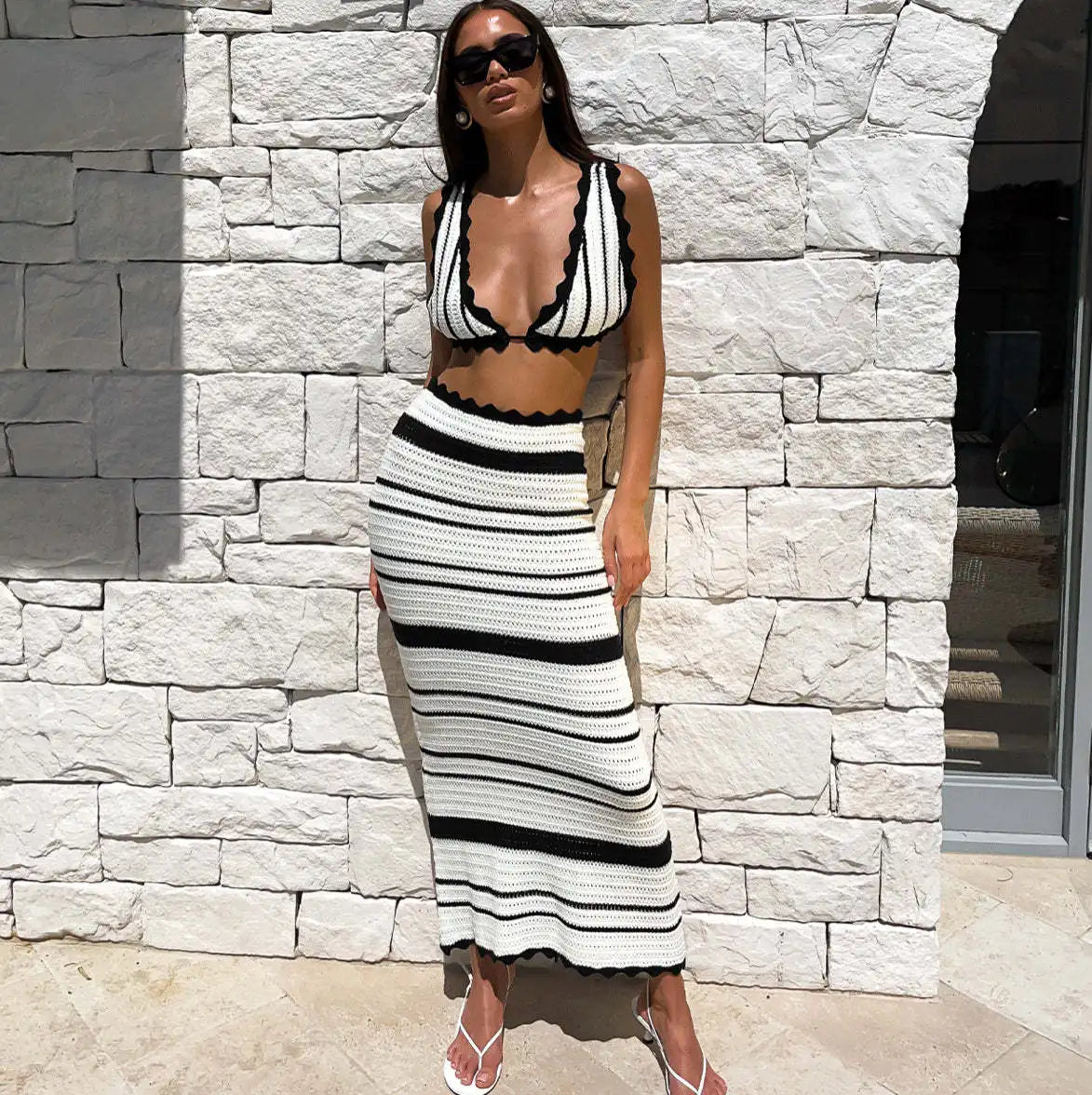 eybag Summer Knitted Beach Skirt Sets Women Sexy Backless Slim Bohemian Outfits Fashion Striped Holiday Two Piece Matching Set 2024