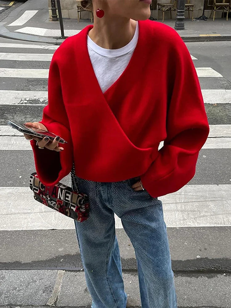 eybag Casual V-neck Woolen Thin Coats Women Vintage Long Sleeve Warm Red Coats Kimono Style 2024 Elegant High Street Knitwear