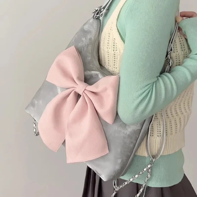 eybag Pink Bow Womens Shoulder Bag Korean Style Fashion Large Capacity Sweet Backpack Cute Exquisite Elegant New Female Tote Bag