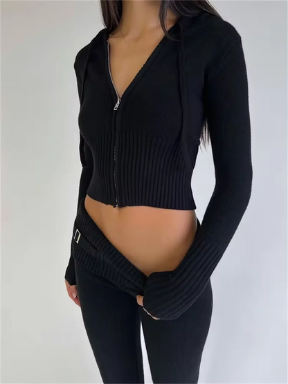 eybag Knitted 2 Piece Set Women Outfit Fashion Solid Hooded Pant Sets Zipper Long Sleeve Tops High Waist Pants Female Slim Tracksuit