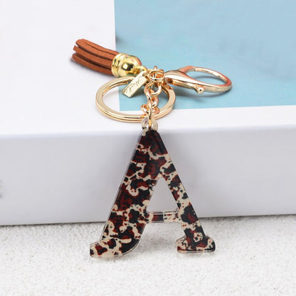 Lkblock Fashion Acrylic Leopard Letter Keychain With Tassel Fashion Couple 26 A-Z Initial Letter Pendant With Key Ring For Women Bag