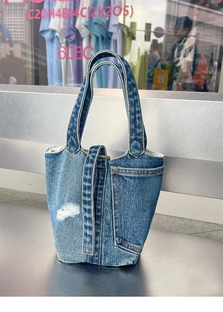 eybag Casual Denim Bucket Bag Women New Harajuku Handle Pocket Chic Shoulder Bag Handbag Female Vintage Y2k Hand Bag Ladies