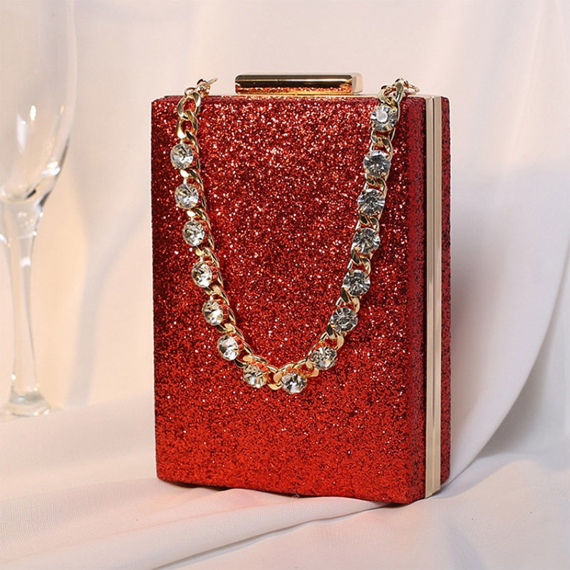 eybag Women's Box Sequin Wedding Clutch Bag Diamond Chain Luxury Design Handbag  New Bridal Evening Bag Small Party Purse gold