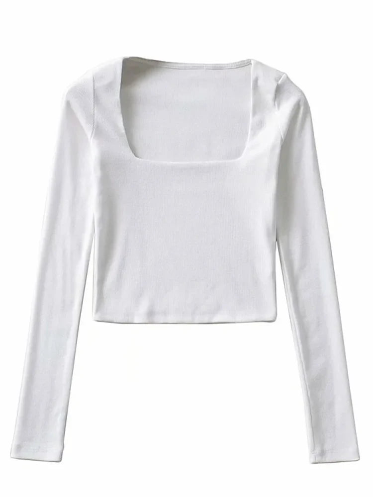 eybag Women Cotton Ribbed Square Neck Crop Top With Long Sleeve