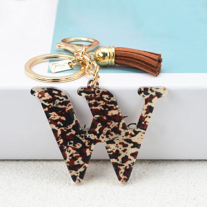 Lkblock Fashion Acrylic Leopard Letter Keychain With Tassel Fashion Couple 26 A-Z Initial Letter Pendant With Key Ring For Women Bag