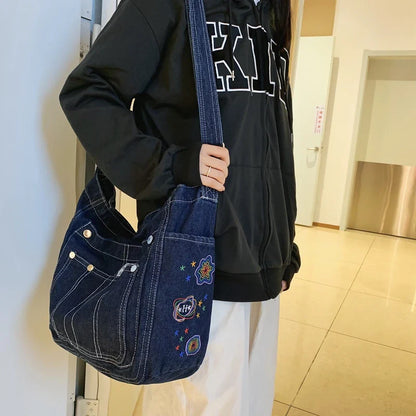 eybag Denim Shoulder Bags Canvas Embroidery Totes Fastoralism Female Packages Large Capacity Leisure Or Travel Bag For Women Book Bag