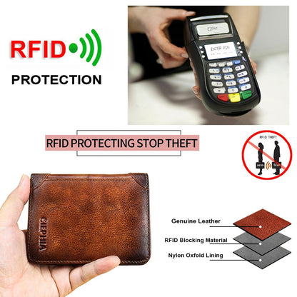 eybag Genuine Leather Rfid Protection Wallets for Men Vintage Thin Short Multi Function ID Credit Card Holder Money Bag