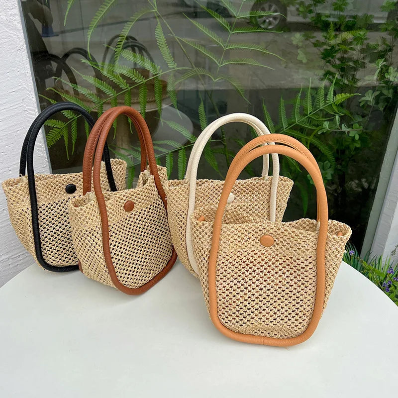 Lkblock Cute Small Shoulder Straw Bag for Women Beach Handbags Basket Bags Female Portable Knitted Straw Woven Bags Tote Composite Bags