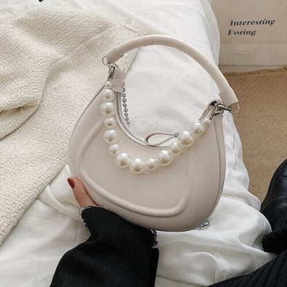 eybag Kawaii Tote PU Leather Half Moon Armpit Bag with Pearl Short Handle 2022 Women's Designer Handbag Luxury Shoulder Crossbody Bag