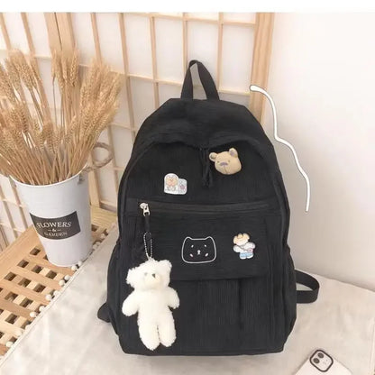 eybag Soft Zipper Corduroy Schoolbag Female Harajuku High School College Student Versatile Stripe Velvet Backpack Cute Backpack