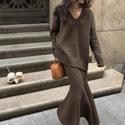 eybag Fashion Two Piece Set For Women Knitted V Neck Sweater Tops Solid Color Skirts Elegant Autumn Winter Female Skirt Sets Casual