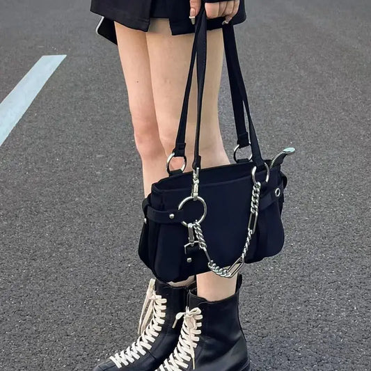 eybag New Gothic Moto Biker Dark Streetwear Women Underarm Shoulder Bag Korean Fashion Trendy Chain Ladies Handbag Bolso Mujer