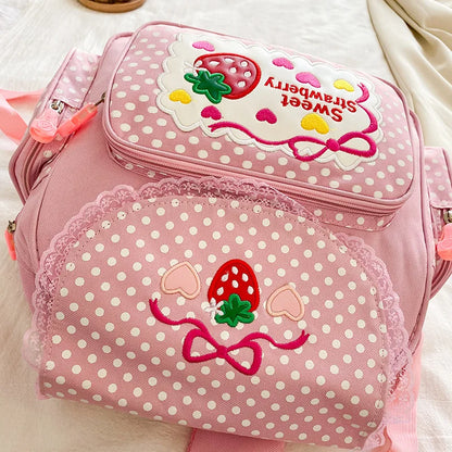 eybag Kawaii Kids School Bag Cute Strawberry Embroidery Dots Student Mochila Multi-Pocket Nylon Fashion Backpack for Teenager Girl