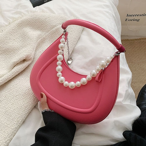 eybag Kawaii Tote PU Leather Half Moon Armpit Bag with Pearl Short Handle 2022 Women's Designer Handbag Luxury Shoulder Crossbody Bag