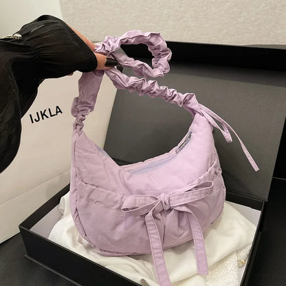 eybag Popular Preppy Style Nylon Bow Hobo Bag Women Cute Pretty Pleated Shoulder Crossbody Bag Drawstring Exquisite Shoulder Bag